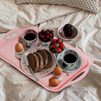 LEHAHA Melamine Serving Tray with Handles, 17.25 x 12 Inch Aesthetic Serving Platters and Trays with Curved Sides, Tray for Lunch, Coffee, or Breakfast, Set of 4, Silicone placemats Included,Pink