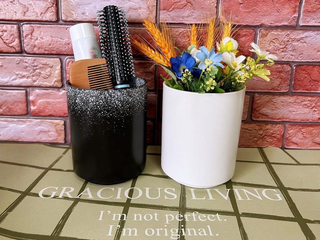 Medium Stoneware Kitchen Utensil Holder for Kitchen Counter Short Cooking Utensil Holder for Countertop Spatula Holder Small Utensil Crock Cutlery Holder Silverware Caddy Flower Vase (Snow Night)