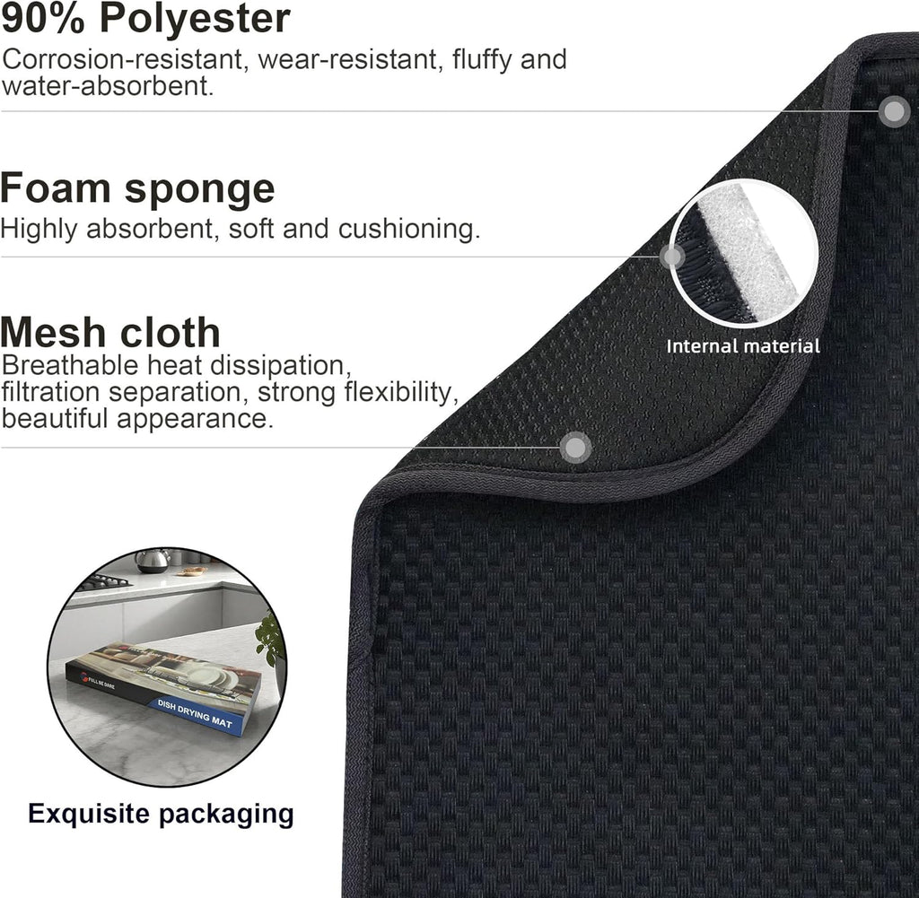 Black Dish Drying Mats 20" x 15", XL Kitchen Drying Mat for Counter, Microfiber Dish Dryer Mat, Microfiber Dish Rack Mat, Foldable Dish Drying Pad for Dishes, Pots, Pans (Black)