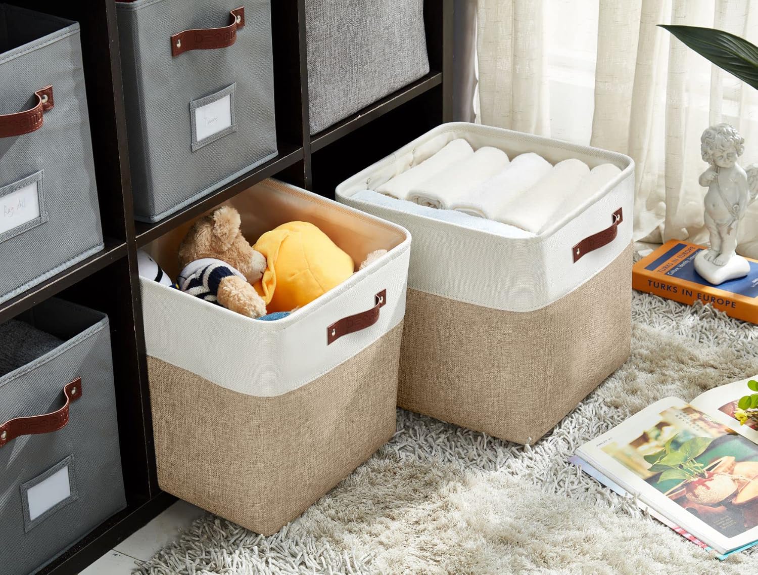 DECOMOMO Storage Cubes, 11x11 Cube Storage Bins, Baskets for Shelves (Beige & White, Cube 11" - 4 Pack)