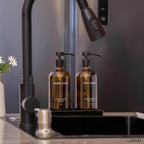Glass Kitchen Soap Dispenser Set with Ceramic Tray,16.9 floz Hand and Dish Soap Dispenser for Kitchen and Bathroom Decor,Amber Kitchen Accessories(Amber Bottles + Black Pumps)