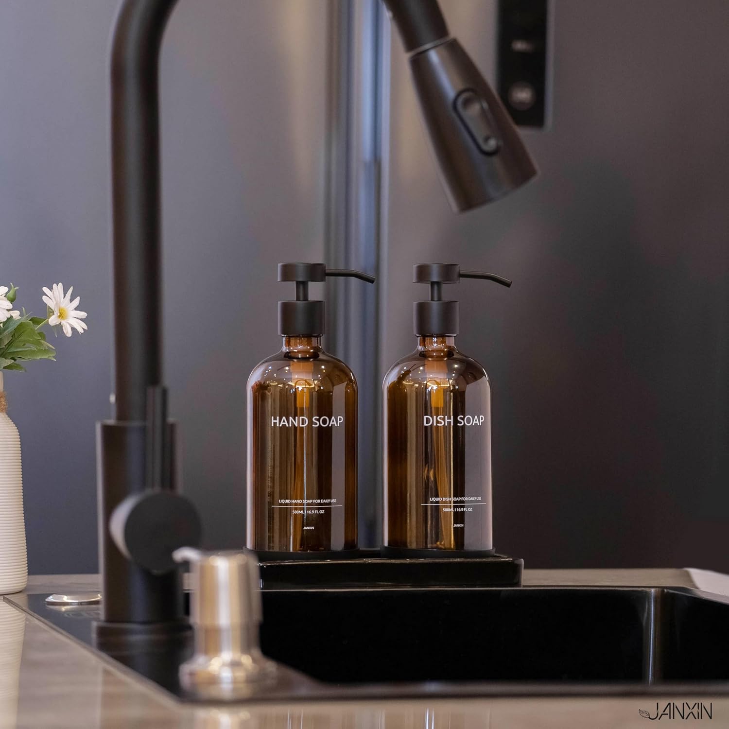 Glass Kitchen Soap Dispenser Set with Ceramic Tray,16.9 floz Hand and Dish Soap Dispenser for Kitchen and Bathroom Decor,Amber Kitchen Accessories(Amber Bottles + Black Pumps)