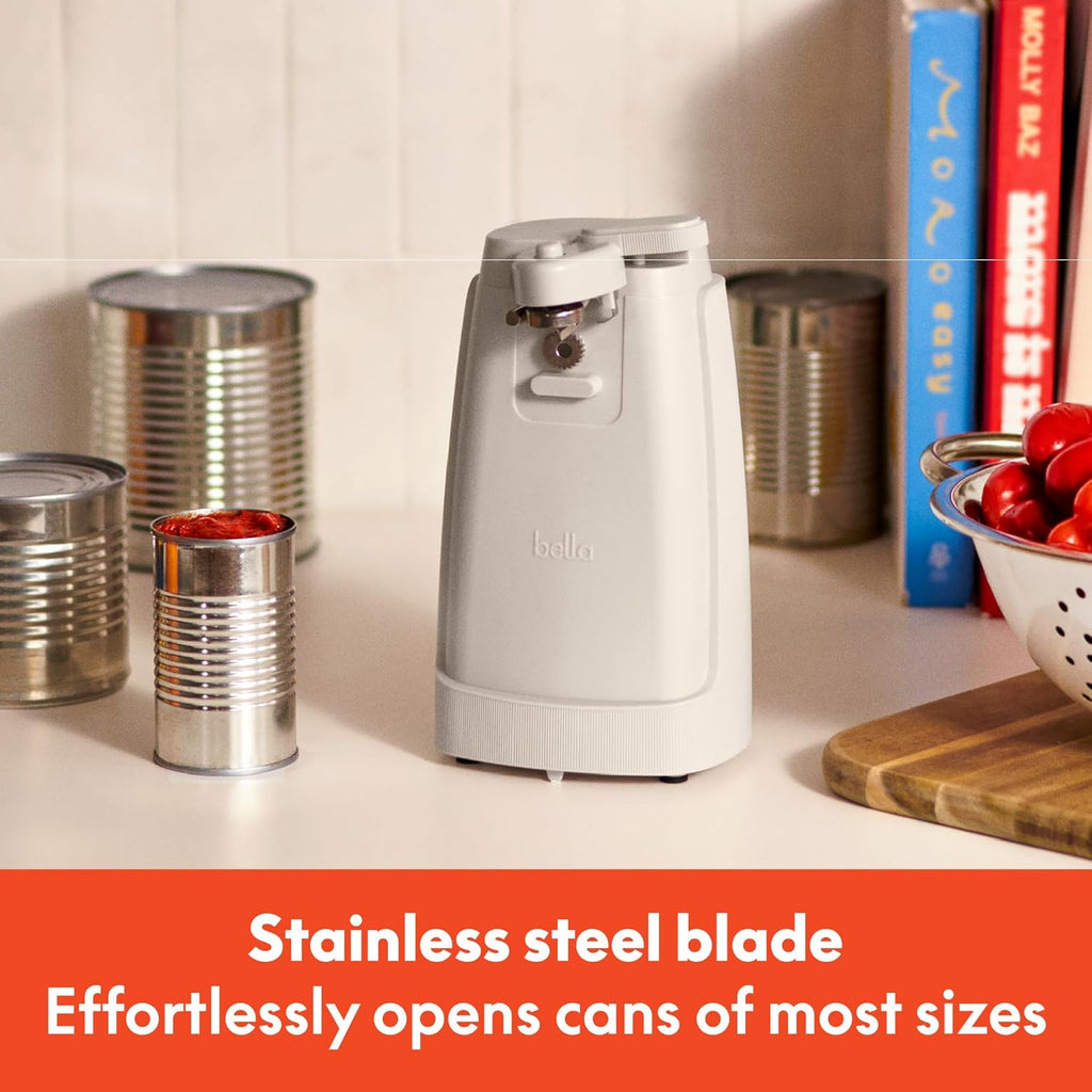 bella Electric Can Opener and Knife Sharpener, Multifunctional Jar and Bottle Opener with Removable Cutting Lever and Cord Storage, Stainless Steel Blade, Oatmilk