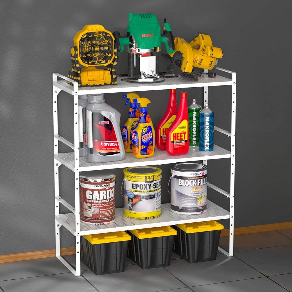 iPEGTOP Expandable Cabinet Storage Shelf Organizer Rack, Heavy Duty Stackable Steel Metal Spice Rack Adjustable Height Pantry Garage Shelf for Counter Kitchen Organization, White - 1 Pack