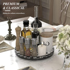 Black and White Kitchen Lazy Susan Turntable – Round Checkered Decorative Tray, 12” Table Top Oak Wood Lazy Susan for Cookies, Dining Table Organizer, Small Kitchen Table Centerpiece