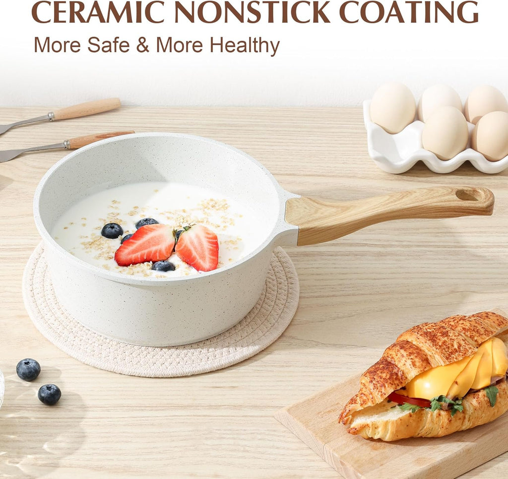 SENSARTE White Ceramic Nonstick Saucepan with Lid Set, Small Cooking Pot with Stay Cool Handle, Induction Compatible Saucepot, White Granite Coating, PFOA/PFAS Free, 2.0 + 2.5QT