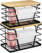 2 Pack Stackable Storage Laundry Kitchen Organizers, Wall Mount Trash Bag Holder with Bamboo Top and Garbage Bag Dispenser No Drill