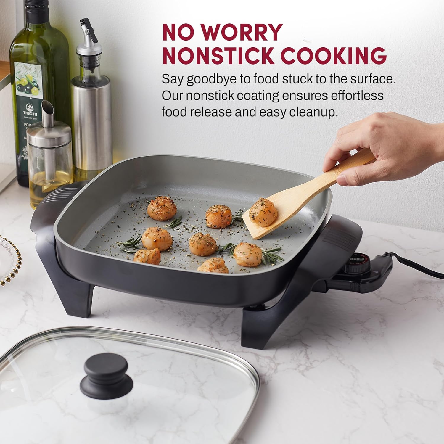 Elite Gourmet EG2212X 12"x12"x2.15” Ceralast™ PFAS Free Ceramic Electric Skillet, Dishwasher Safe, Rapid Heat Up, 1200W, Dark Grey