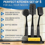 Dish Brush Set of 5 with Holder - Kitchen Scrub Brushes with Non-Slip Long Handle for Cleaning, Scrubber, Dishwashing, Dishes, Bottles, Straws, Cups, Pots & Sink, Black