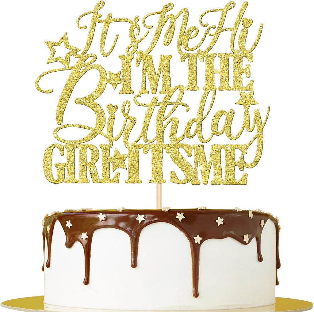 1 PCS It's Me Hi I'm the Birthday Girl It's Me Cake Topper Glitter Funny Girls Birthday Cake Pick for Hot Pop Music Singer Birthday Party Cake Decorations Supplies Gold