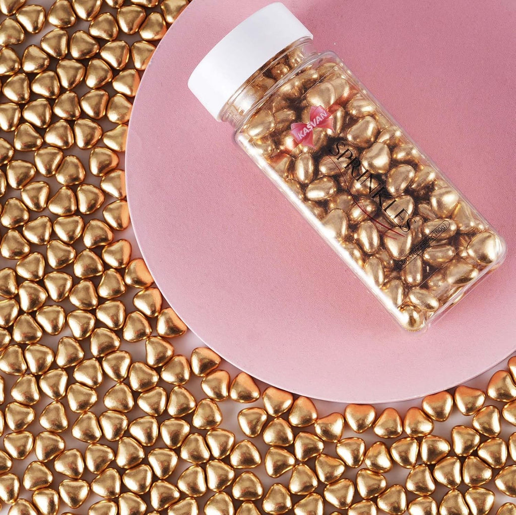 Kasvan Gold Heart Shapes Sprinkles - Edible Candy Pearls 100g/3.58 Oz, Mix Size, Baking Cake Decorations, Ice Cream Toppings and Cookie Decorating, Wedding Party Chirstmas Supplies (Gold)