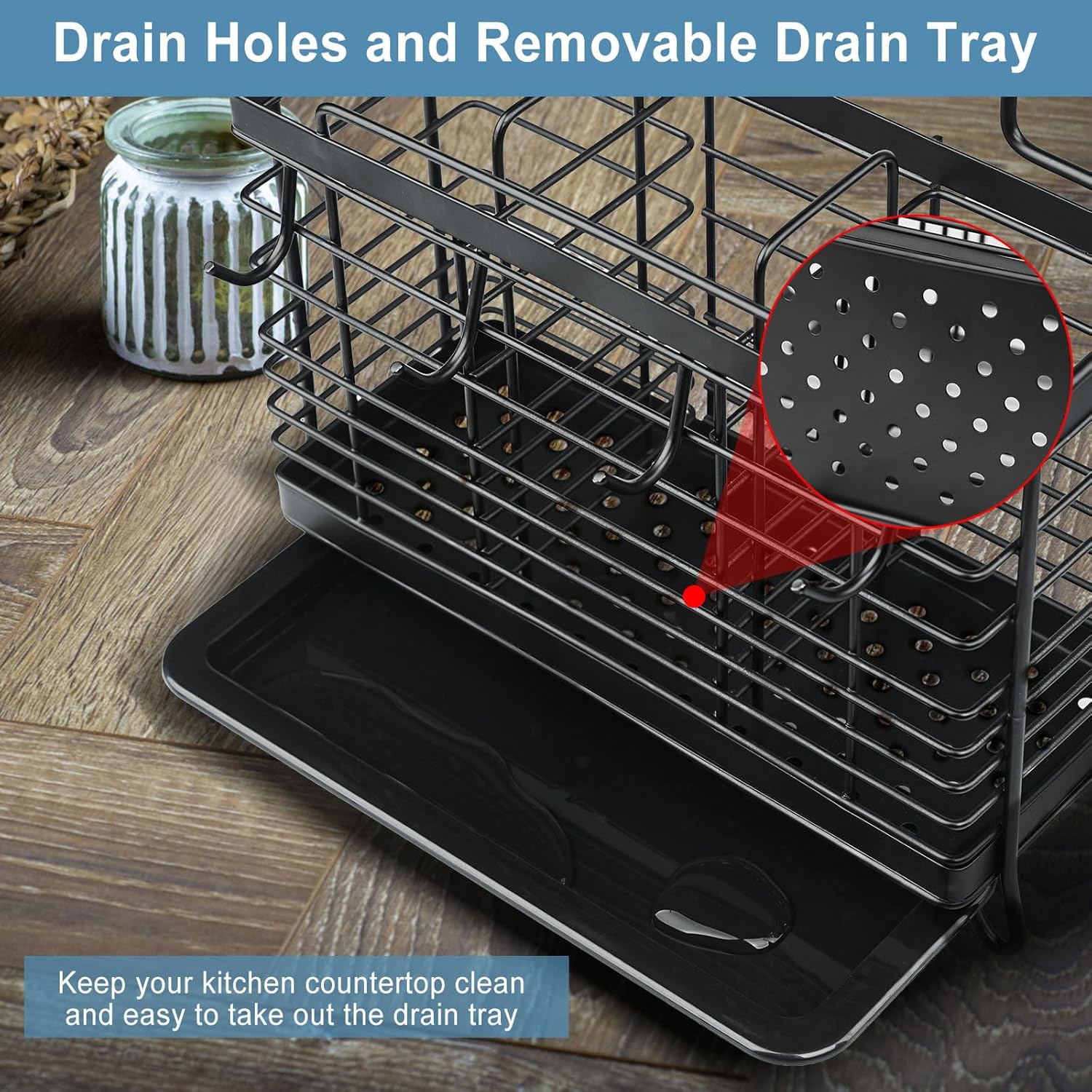 Utensil Holder, Stainless Steel Utensil Drying Rack with Drain Tray, Kitchen Counter Drainer Basket Silverware Cutlery Flatware Holder Forks, Knives, Spoons, Chopsticks Organizer (Black)
