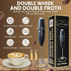Cafe le Rou Milk Frother Handheld Battery Operated - Double Whisk with Stand. Batteries included. Electric Foam Maker, Drink Mixer with Stainless Steel Whisk