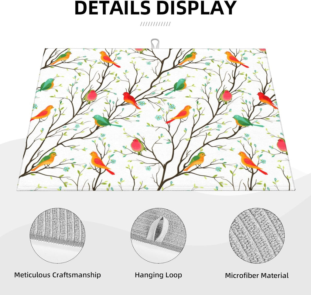 Cute Birds Kitchen Drying Mat Birds on Tree Microfiber Dish Drainer Mat for Kitchen Counter Absorbent Reusable Washable 18x24 Inch