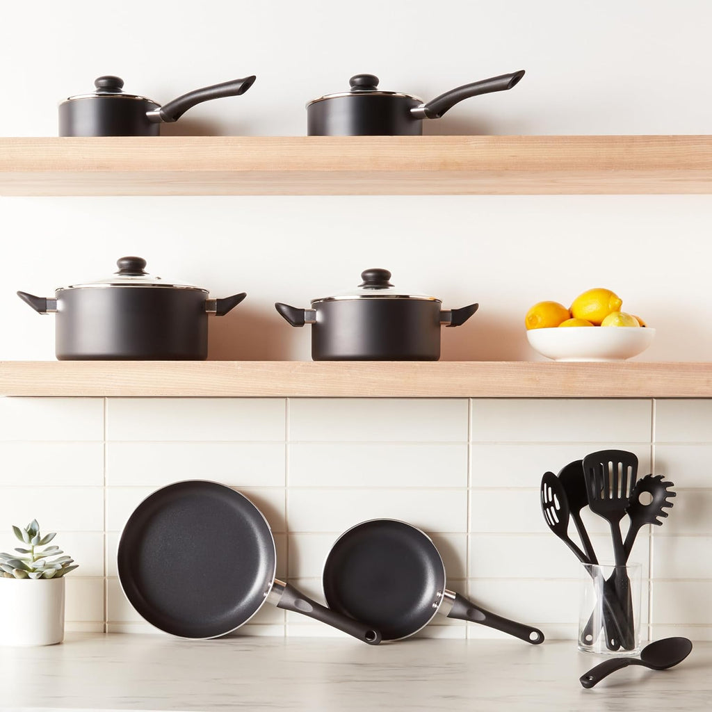 Amazon Basics Non Stick Kitchen Cookware 15-Piece Set, Non-Induction, Includes Pots, Pans, and Utensils, Black
