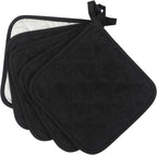 100% Cotton Kitchen Everyday Basic Terry Pot Holder Heat Resistant Coaster Potholder for Cooking and Baking Set of 5 Black