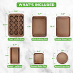 NutriChef 6-Piece Nonstick Bakeware Set, Carbon Steel Baking Pans, Includes Cookie Trays, Wide & Square Bake Pan, Bread Loaf & Round Cake Pan, Muffin Pan - Gold