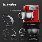 Stand Mixer, 3.5QT+6QT Two Bowls Kitchen Electric Mixer, 600W 6+P speed Tilt-Head Food Mixer with Stainless Steel Bowl, Dishwasher-Safe Dough Hook, Flat Beater, Wire Whisk, Splash Guard, Red