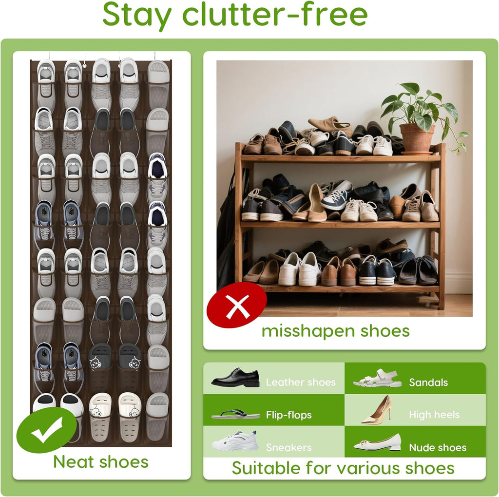 Unjumbly Over the Door Shoe Organizer with 40 Large Breathable Mesh Pockets, Space Saving Shoe Holder, Hanging Shoe Rack for Entryway Bedroom Closet Storage (Brown, 40 Pockets)