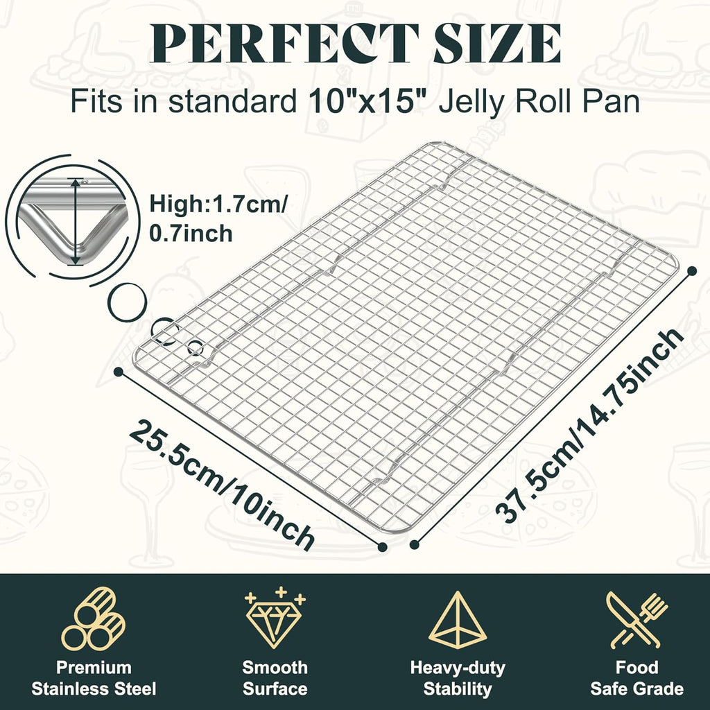 Cooling Racks for Cooking and Baking-10"x14.75" Oven Safe Premium Stainless Steel Heavy Duty Baking Rack Tight-Wire, Fits Jelly Roll Pan Rack for Roasting & Grilling & Cooking-Set of 2
