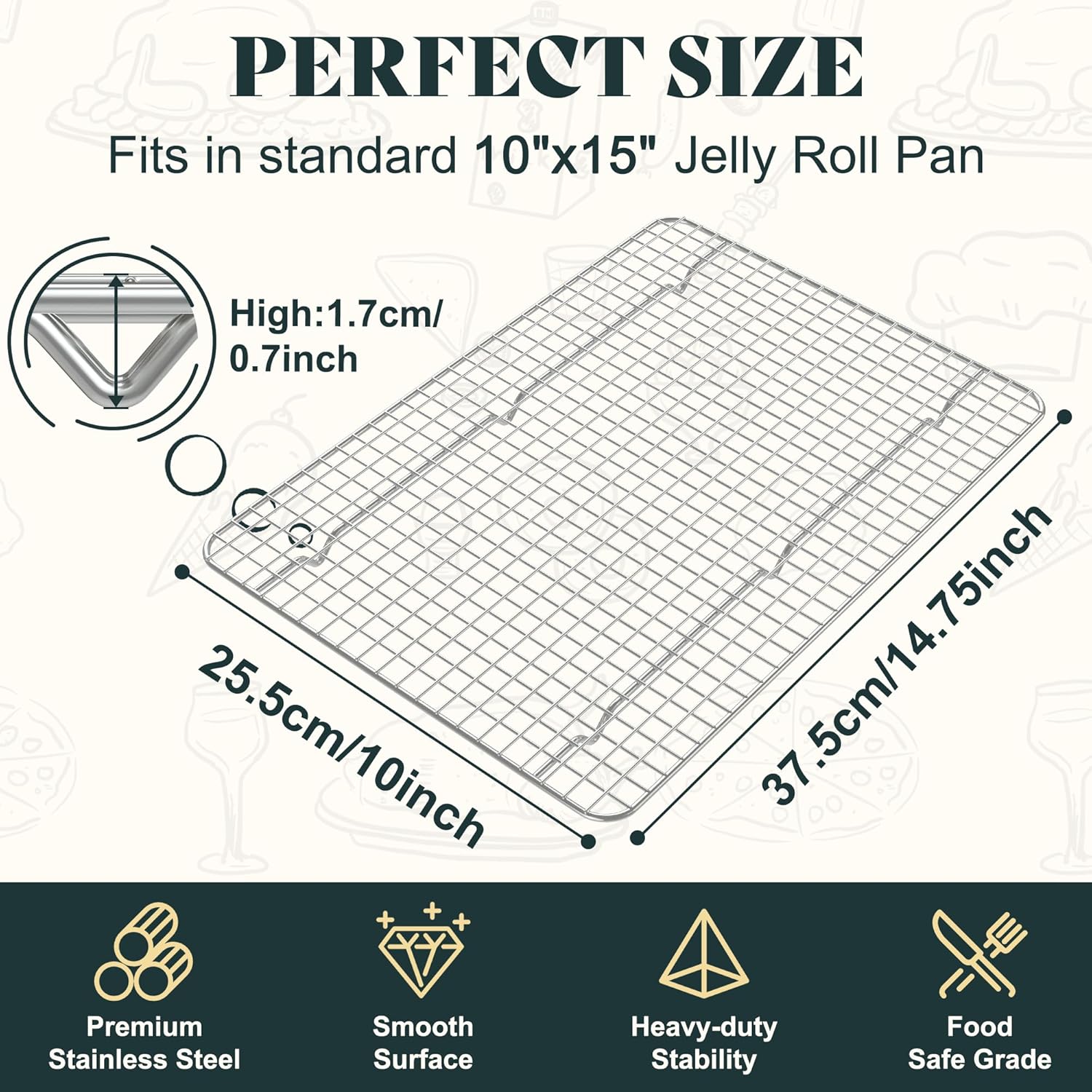 Cooling Racks for Cooking and Baking-10"x14.75" Oven Safe Premium Stainless Steel Heavy Duty Baking Rack Tight-Wire, Fits Jelly Roll Pan for Roasting & Grilling & Cooking-1 Pack