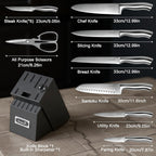 KUISINE Premium Chef Knife Set,High Carbon Stainless Steel Razor-sharp Blade Ergonomic Non-slip Steel Handle,Block Knife Set with Built-in Sharpener(Black Silver,15PCS)