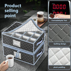 VERONLY Mug and Cup Storage Box with Dividers - 2 Pack China Storage Bin Containers Holds 24 Glassware, Stackable Coffee Mug Organizer Bin and Tea Cup with 2 Metal Zipper,Label and Handles (Grey)
