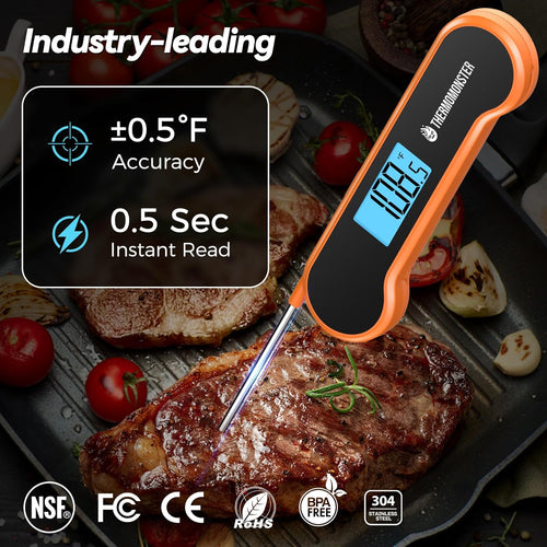 0.5 Sec Instant Read Meat Thermometer Digital with ±0.5℉ Precision, Food Thermometer for Cooking Kitchen Gadgets, Oven Grill Candy BBQ Essentials Accessories, Gifts for Him Dad Men Birthday, Orange