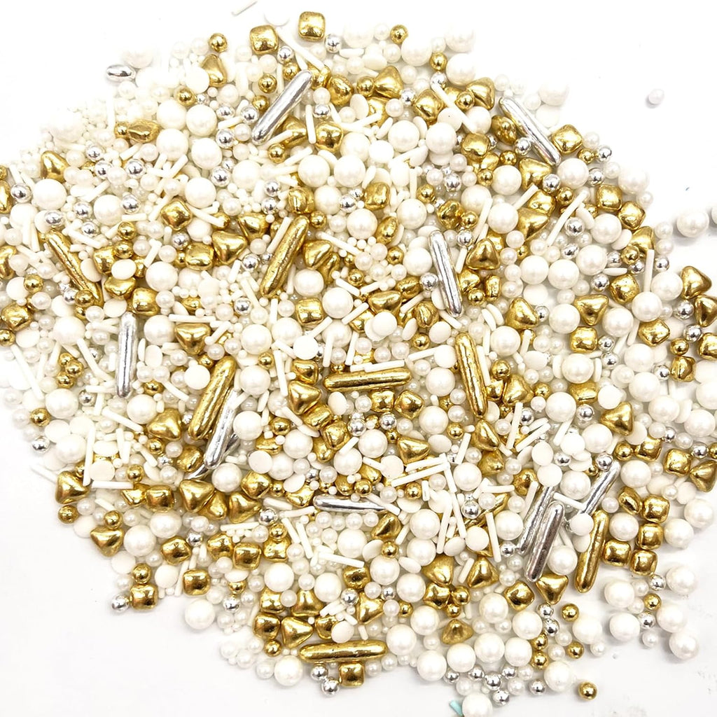 Weraru White Deluxe Gold Sprinkles Candy Mixing Size Baking Edible Cake Decorations Cupcake Toppers Cookie Decorating Celebrations Wedding Shower Party Chirstmas Supplies 130g/ 4.58oz