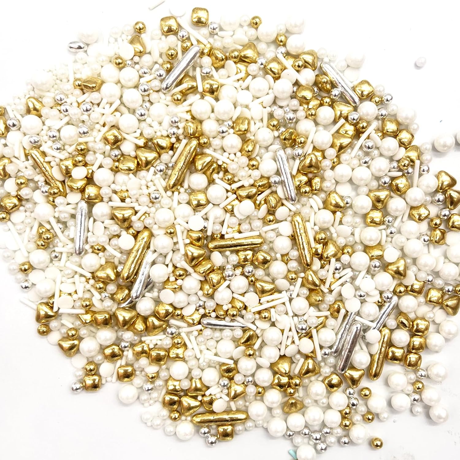 Weraru White Deluxe Gold Sprinkles Candy Mixing Size Baking Edible Cake Decorations Cupcake Toppers Cookie Decorating Celebrations Wedding Shower Party Chirstmas Supplies 130g/ 4.58oz