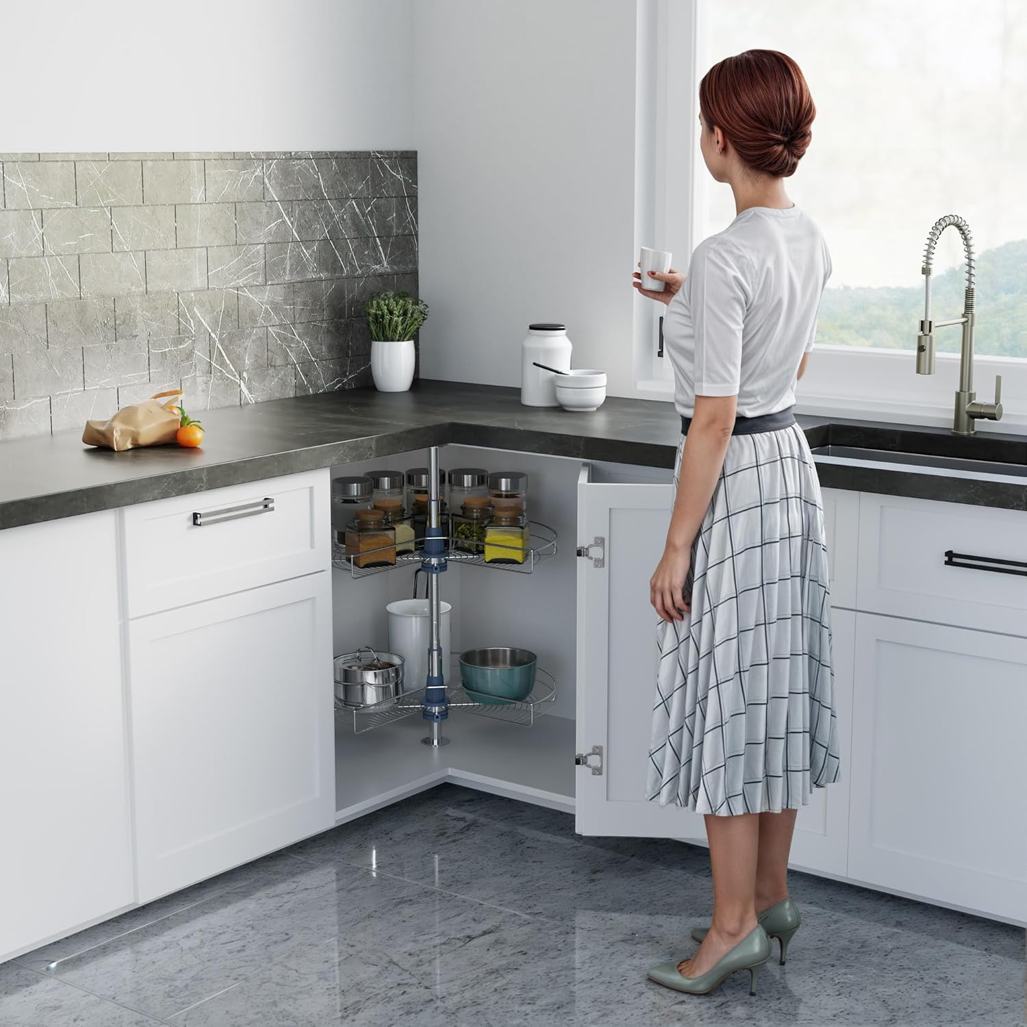 Dowell 28" Kidney Lazy Susan, 2 Shelves, Kitchen Base Corner Cabinet Organizer (Chrome 4001 270 28)