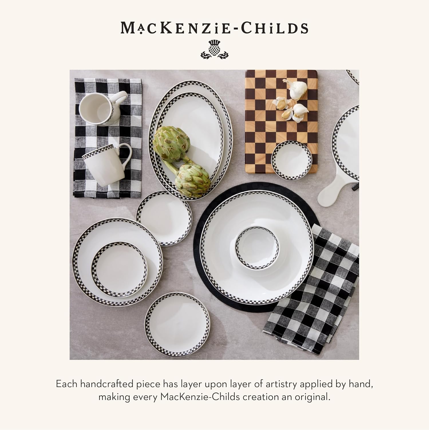 MACKENZIE-CHILDS Set of 2 Everyday Oval Platters, Dishwasher-Safe and Microwave-Safe, Black-and-White Courtly Check