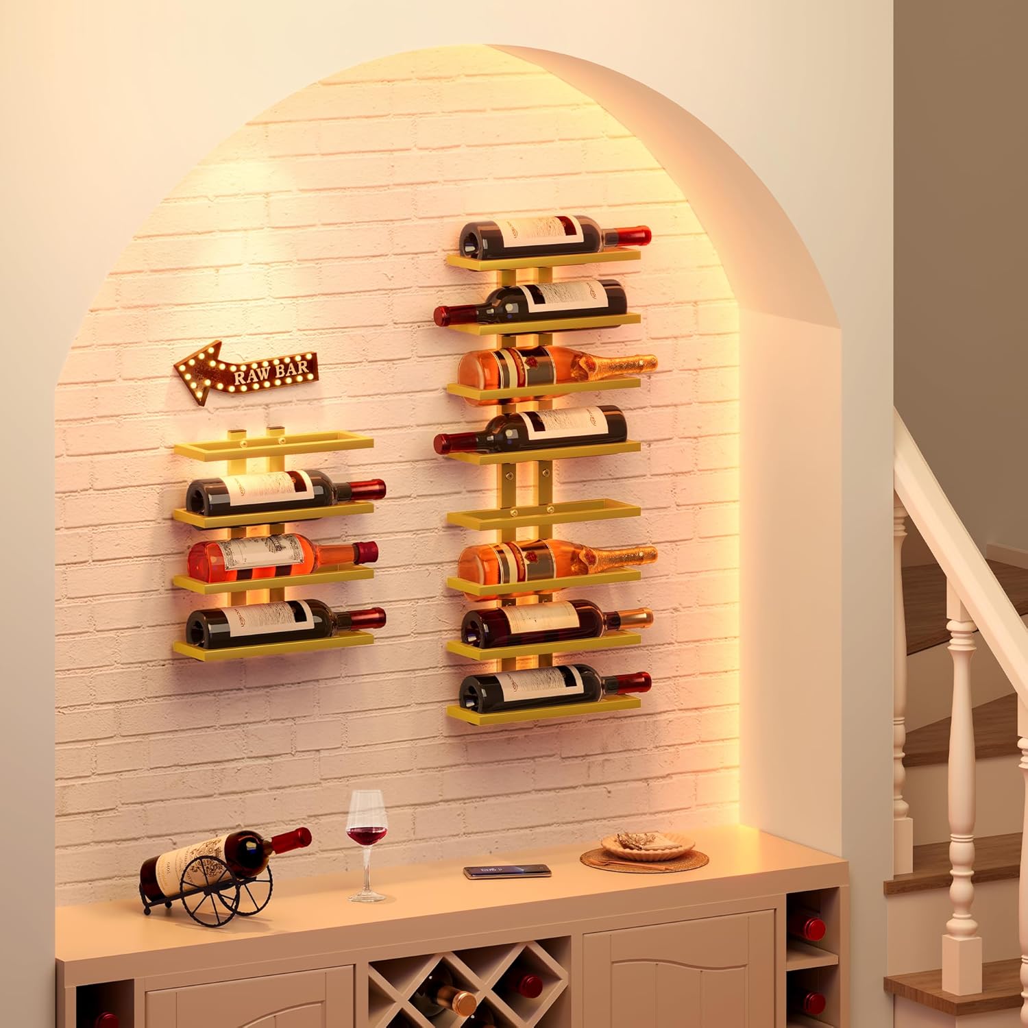 Hoctieon 8 Tier Wall Mount Wine Rack, Wall Racks for Wine Bottles Display and Storage, Hanging Bottle Organizer for Living Room, Dining Room, Wine Cellar, Bar, Gold