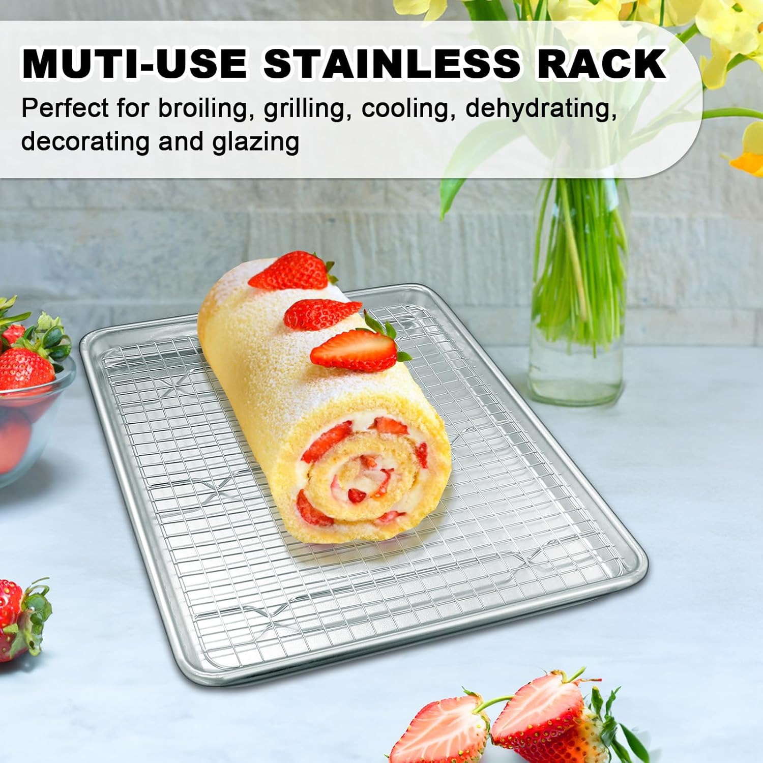 Half Sheet Pans with Rack Set, 18 Inch Commercial Quality Baking Sheet Pan Set, Natural Aluminum Cookie Sheet, Warp Resistant Nonstick Thick Cookie Tray Pans for Baking, Roasting