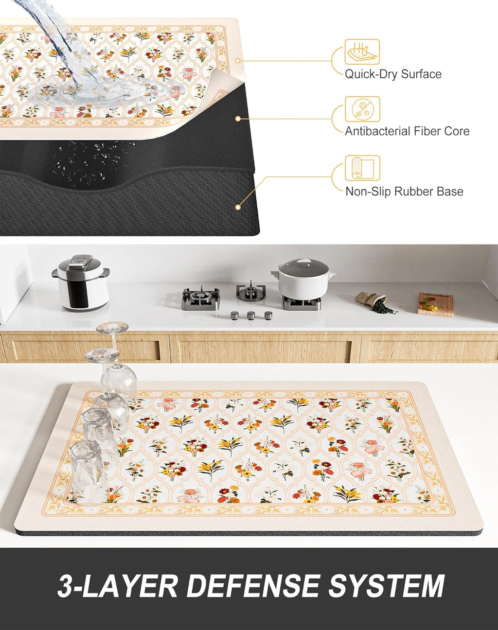 Rnivvi Dish Drying Mat for Kitchen Counter, XL 15 x 24" Cute Flower Theme Absorbent Draining Pad, Non-Slip Heat Resistant Coffee Bar Mat for Coffee Machine Station Accessories, Beige Dish Rack Pad