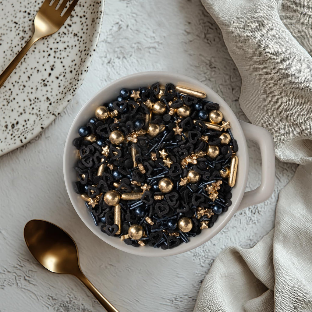 Black & Gold Star Sprinkles for Cake Decorating 4.23ounce - Sugar Mix Contains Gold Star & Pearl Sprinkles for Cupcake Toppers, Ice Cream, Candy, Cookie Decorations - Wedding Party Supplies