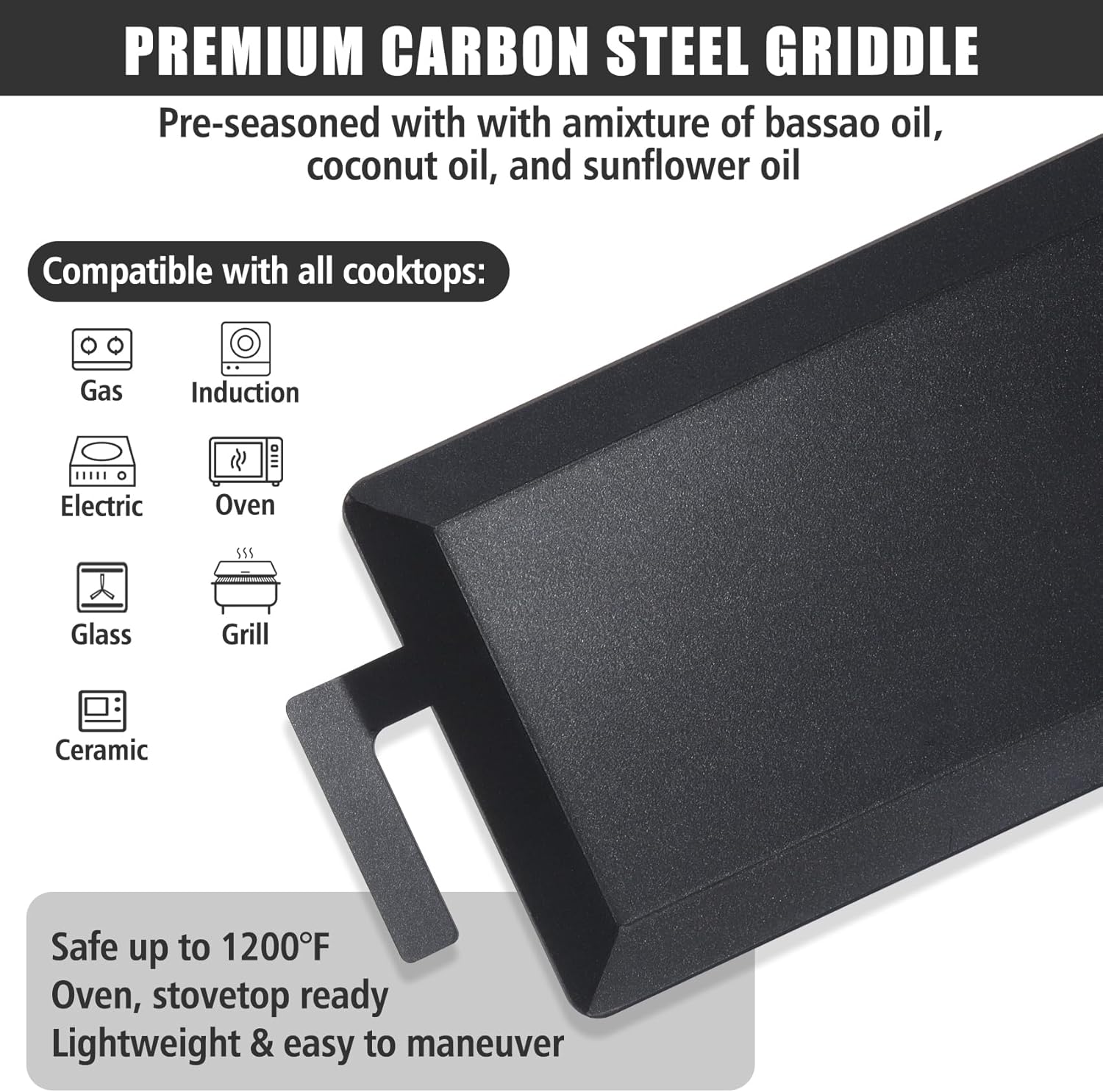 SafBbcue Carbon Steel Griddle Plate for Gas Grill, Carbon Steel Pan for Stove Top, Flat Top Griddle for Outdoor Charcoal Grill, Direct Flame Safe & Induction Compatible, Universal Multi-Use 24" x 10"