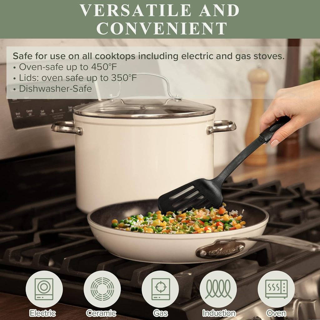 Nuwave Healthy Duralon Blue Ceramic Nonstick Cookware Set, Diamond Infused Scratch-Resistant, PFAS Free, Dishwasher & Oven Safe, Induction Ready & Evenly Heats, Tempered Glass Lids & Stay-Cool Handles