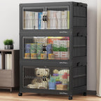 360Qt Stackable Storage Bins with 3 Lids, Extra Large Closet Organizer Collapsible Drawer Boxes with Wheels, Folding Plastic Cabinet Containers for Home Kitchen Room Organization, 3Pack Black