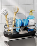 Kitsure Sponge Holder for Kitchen Sink - Space-Saving Kitchen Sink Caddy, Rustproof Metal Organizer with Removable Brush Holder, 9.8"×3.9"×4.7", Black