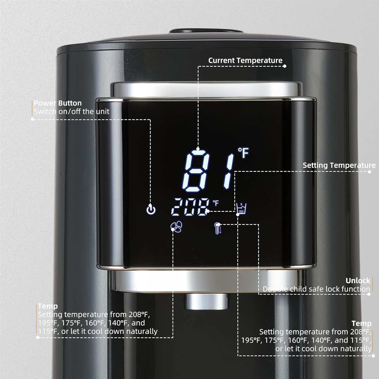 OCTAVO Water Boiler & Warmer 5 Liter, 304 Stainless Steel Water Tank, 700 Watt 6 Adjustable Water Temperature, LCD Touch Control Screen, Child Lock with Water Shortage Indicator