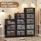 320Qt Stackable Storage Bins with Lid, Extra Large Closet Organizer Collapsible Drawer Boxes with Wheels, Folding Plastic Cabinet Containers for Home Kitchen Room Organization, 4Pack Black