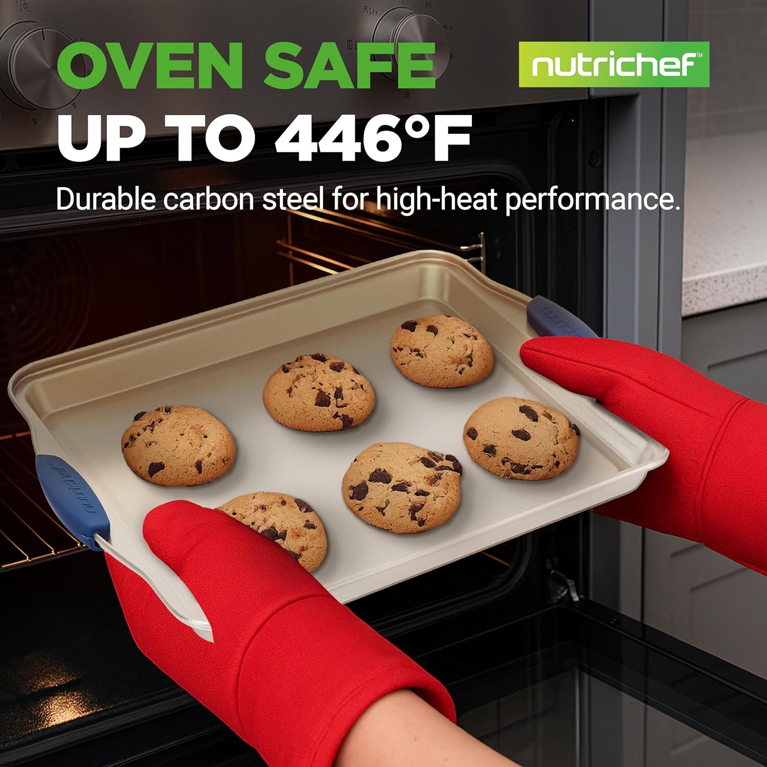 NutriChef 3-Piece Nonstick Bakeware Set - Premium Carbon Steel Oven Baking Trays w/Blue Silicone Handles - Small, Medium & Large Cookie Sheet Pans - PFOS, PFOA, PTFE-Free, Easy to Clean