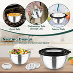 TeamFar Mixing Bowls, Stainless Steel Salad Serving Bowl with Clear Lids & 3 Graters, For Kitchen Cooking Prepping Storing, Size 4.6/2.6/1.5/1/0.7 QT, Nesting & Airtight, Set of 5 & Black