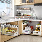 1 Pack 20.47IN Depth Under Sink Storage Organizer, Large 2-Tier Elegant Mesh Pull Out Shelf for Kitchen and Bathroom Cabinet Organization, L-Shaped and Adjustable Height Design-White