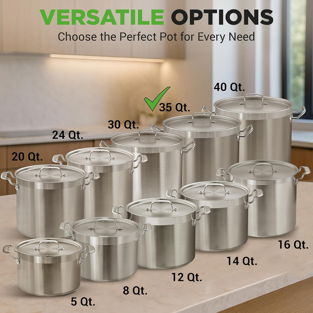 Nutrichef Stainless Steel Cookware Stockpot, 35 Quart Heavy Duty Induction Soup Pot With Stainless Steel Lid And Strong Riveted Handles, Even Heat Distribution, Compatible With Most Cooktops