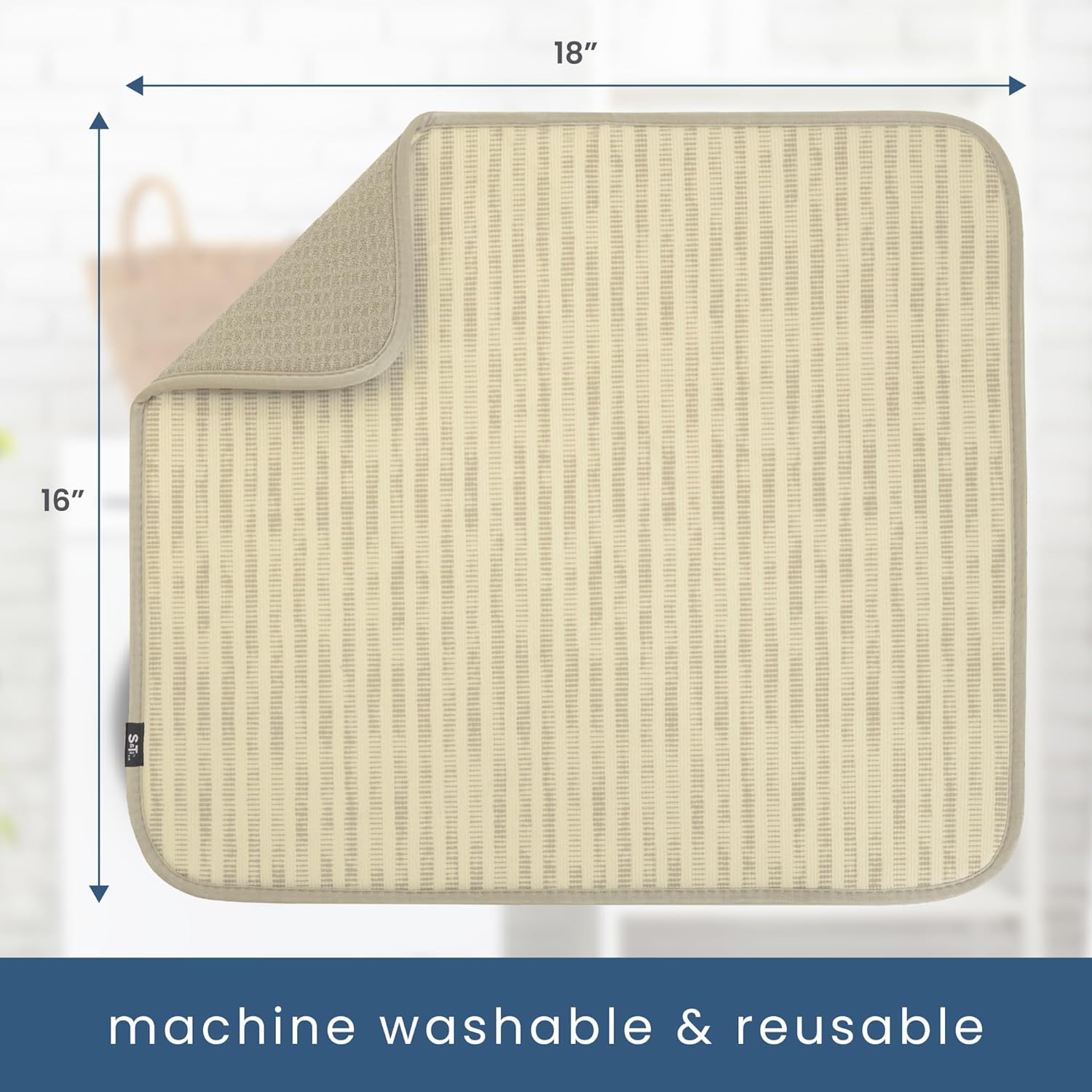 S&T INC. Dish Drying Mat, 16” x 18”, Absorbent Microfiber Kitchen Counter Mat, Dish Drying Pad for Dishes, Utensils, Pots and Pans, Large, Cream Distressed Lines