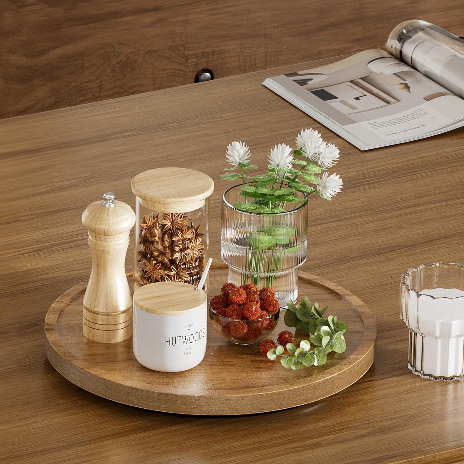LAMU 9'' Acacia Wood Lazy Susan Organizer for Table Top, Lazy Susan Turntable for Cabinet, Kitchen, Countertop, Pantry Organization