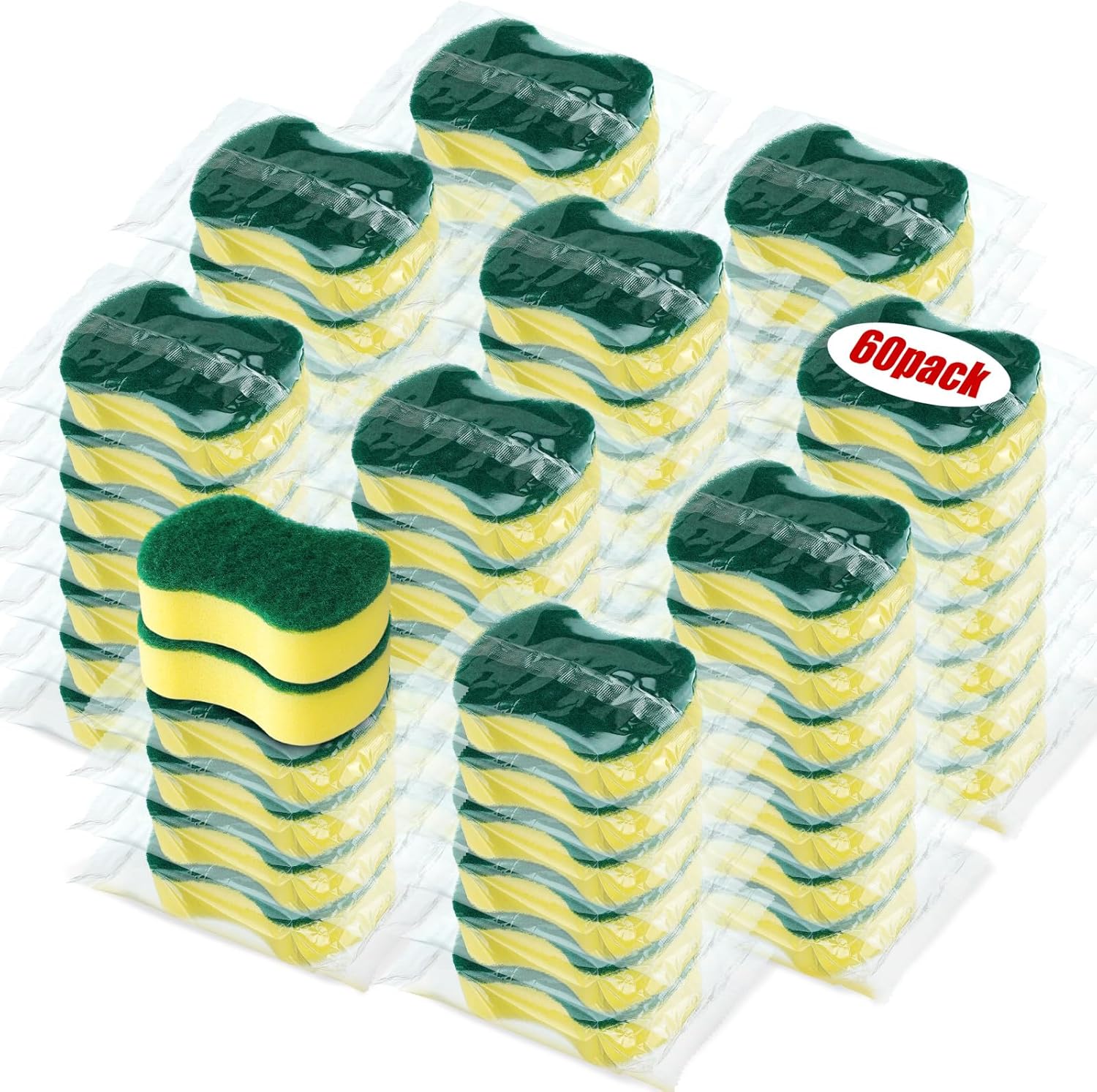 Tanlade 60 Pcs Individually Wrapped Sponges Kitchen Bulk Non Scratch Scouring Sponges for Dishes Household Cleaning Travel Apartments Hotel Car