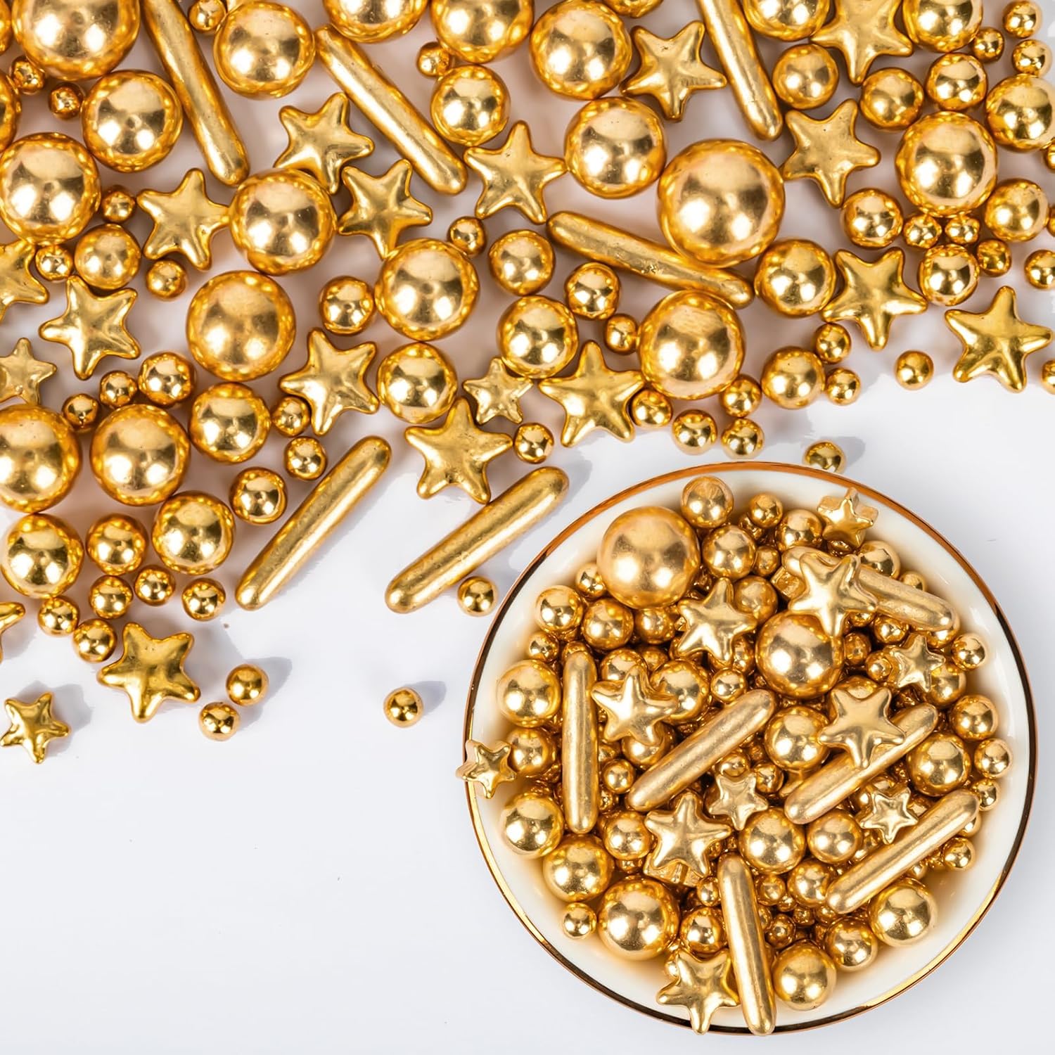 Gold Pearl Sprinkles,Edible Pearl Stars Rods Sugar Candy,Mix Size,Baking Cake Decorations,Cupcake Toppers,Cookie Donuts Ice Cream,Holiday,Birthday Wedding Party Valentines Christmas Supplies,130g/4.58oz